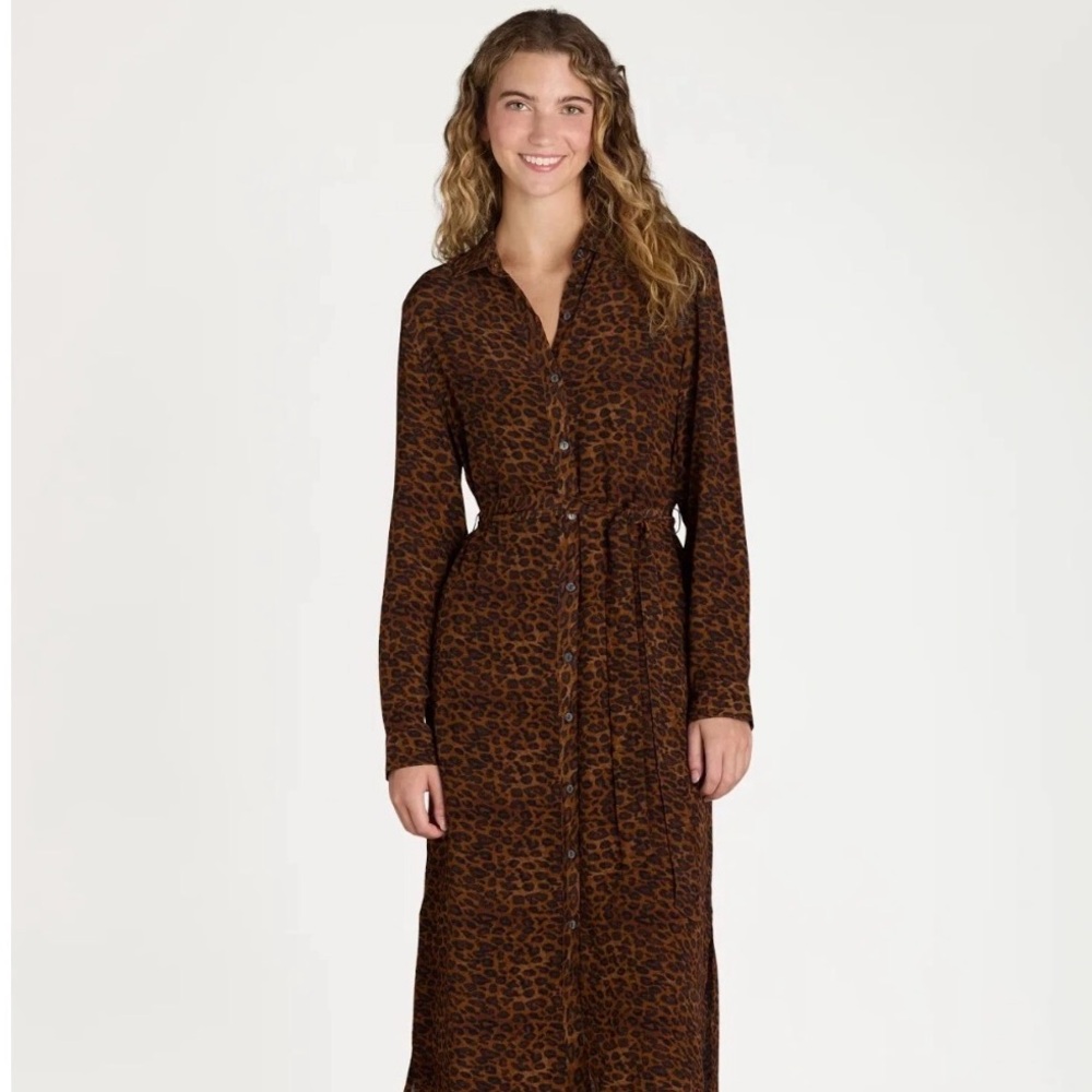 Brown Leopard Print Long Sleeve Shirt Midi Dress
